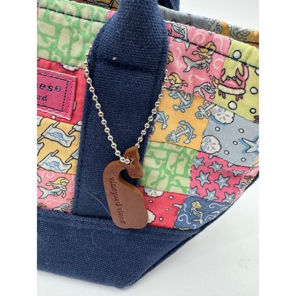 Vineyard Vines Mini Roxbury Multicolor Patchwork Canvas Tote Bag With Navy Handl - Picture 2 of 12